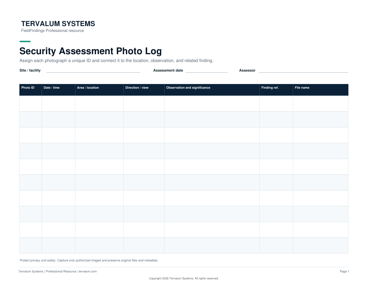 First page of the Security Assessment Photo Log