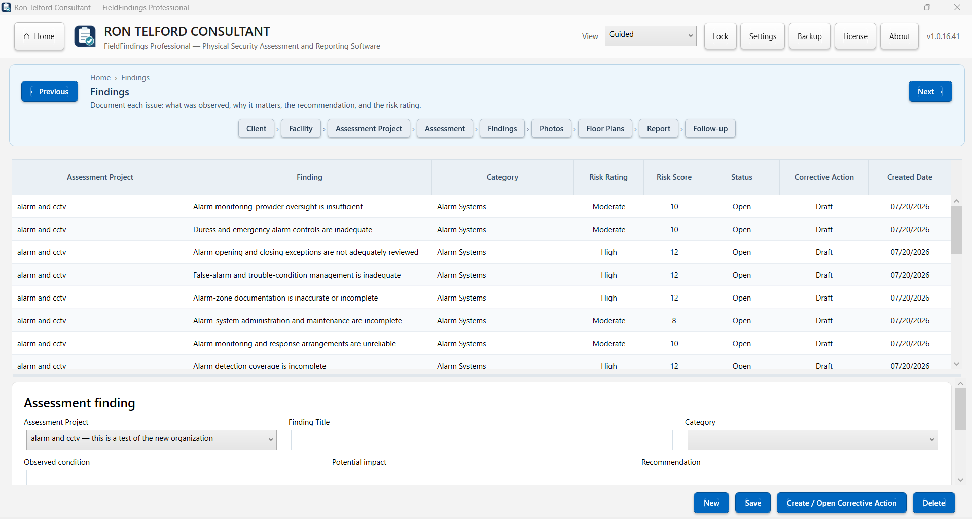 FieldFindings findings management screen