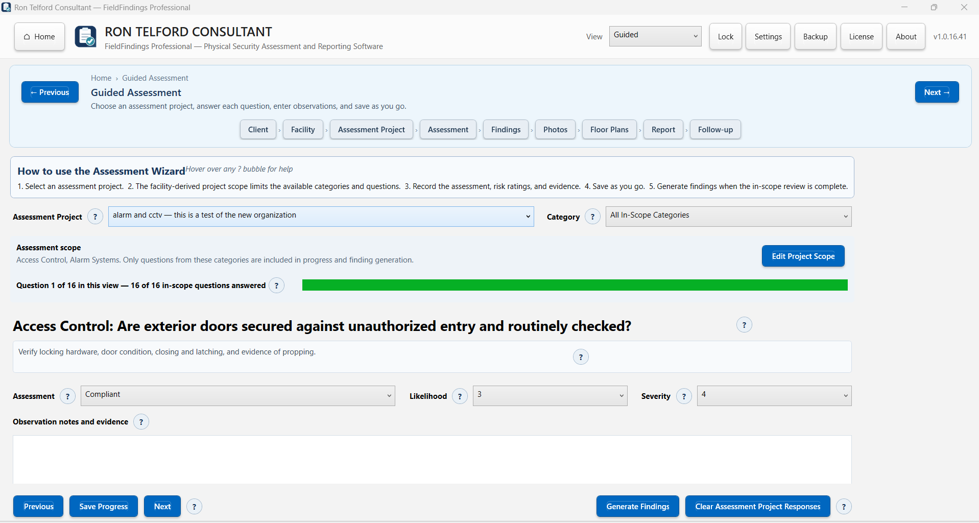 FieldFindings guided assessment screen