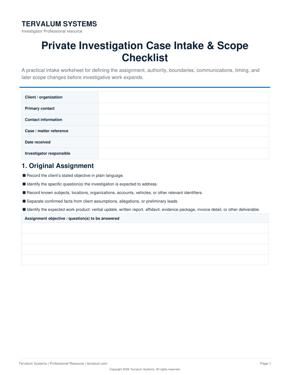 First page of the Private Investigation Case Intake & Scope Checklist