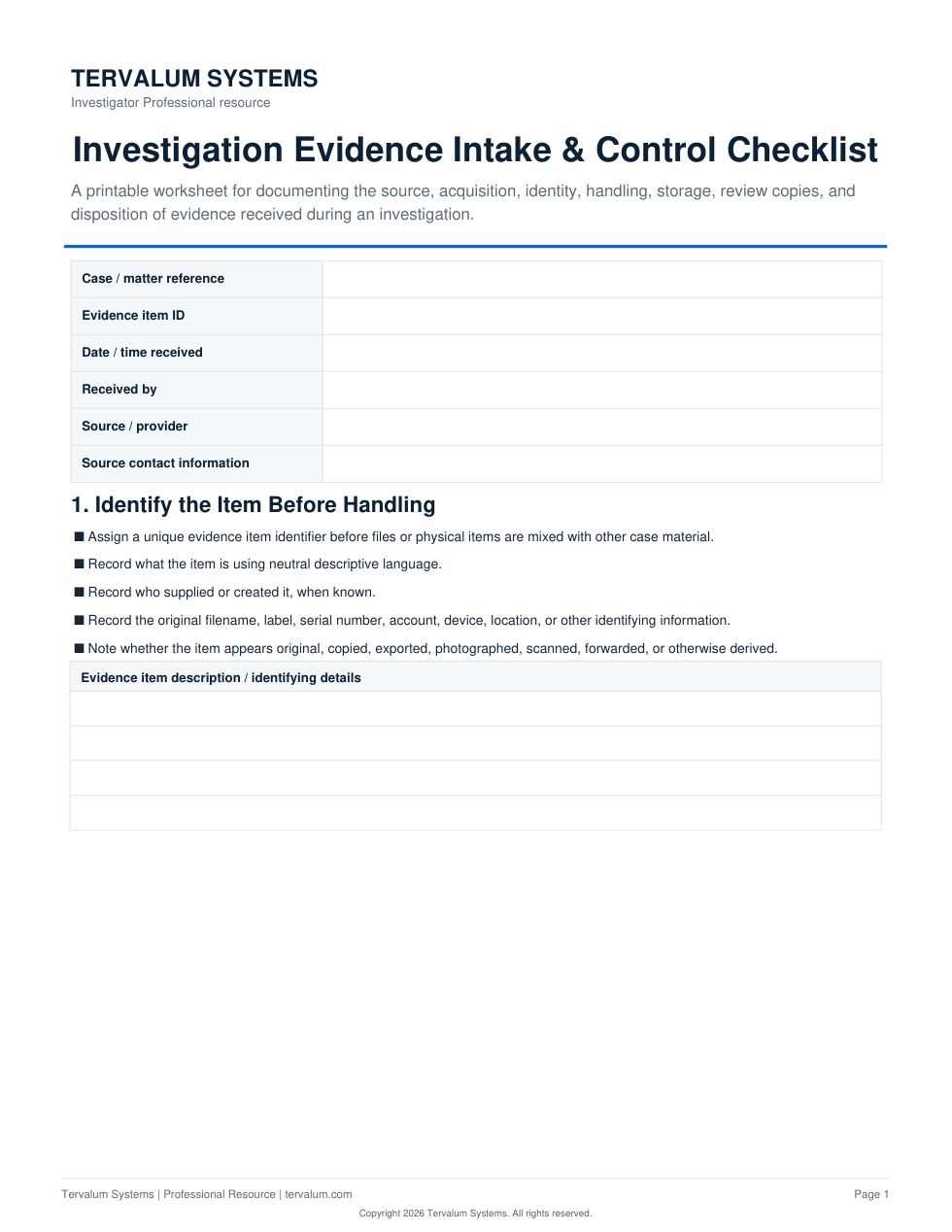 First page of the Investigation Evidence Intake & Control Checklist