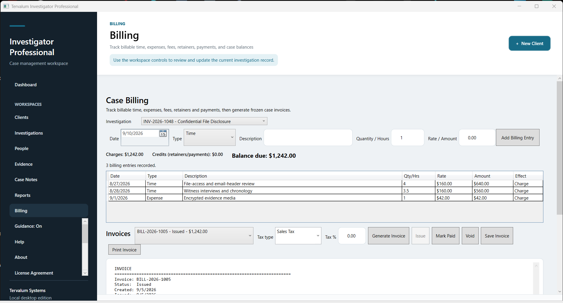 Investigator Professional case billing and invoice workspace