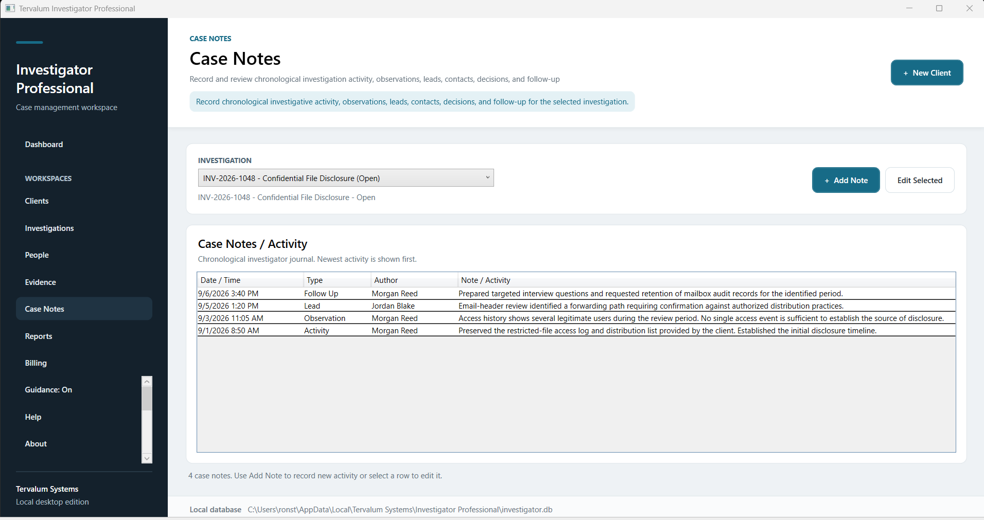Investigator Professional case notes and activity workspace