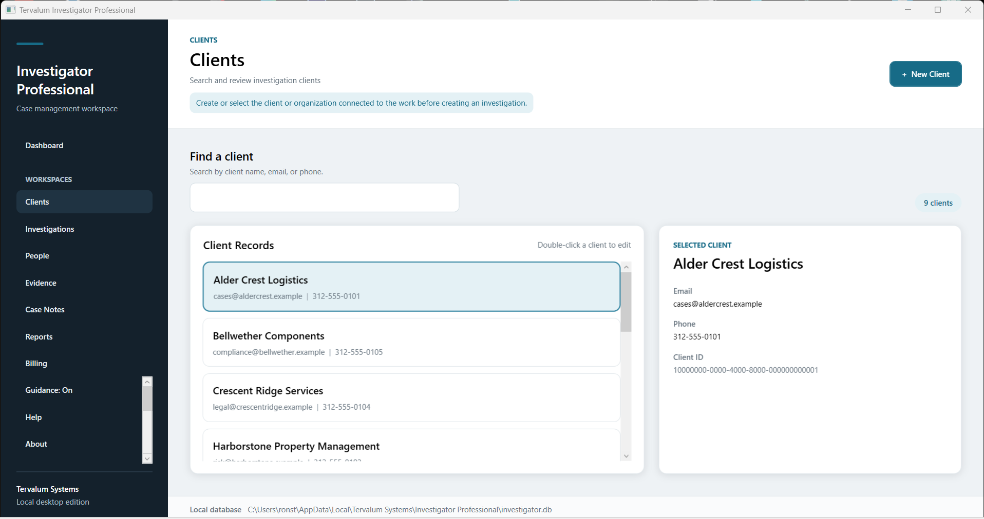 Investigator Professional client management workspace