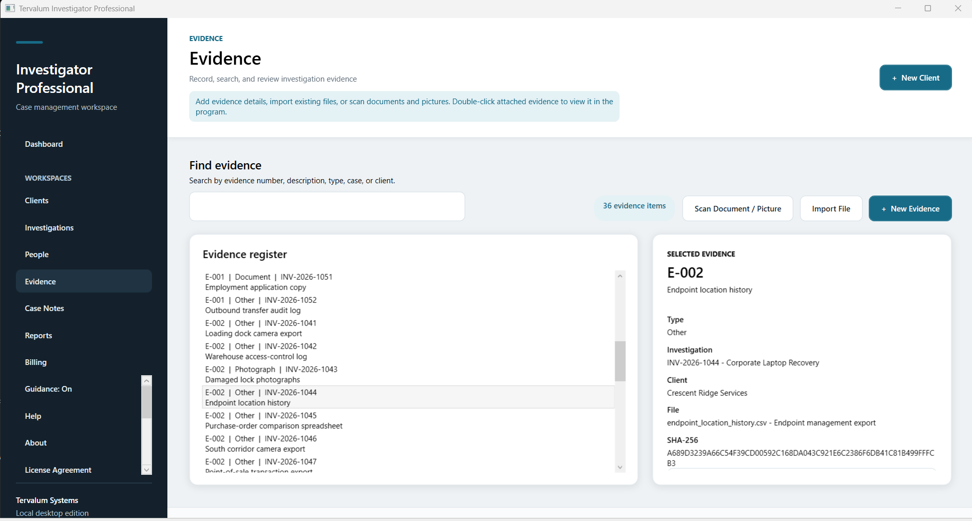 Investigator Professional evidence workspace showing file provenance and SHA-256 information