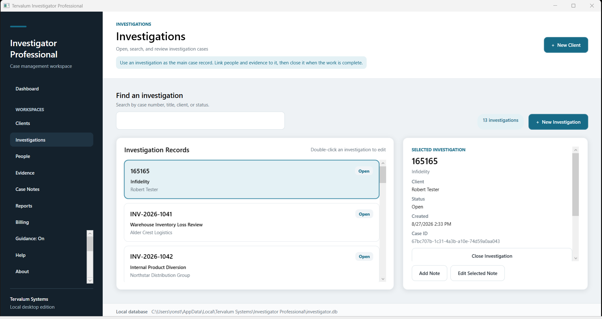 Investigator Professional investigation records workspace