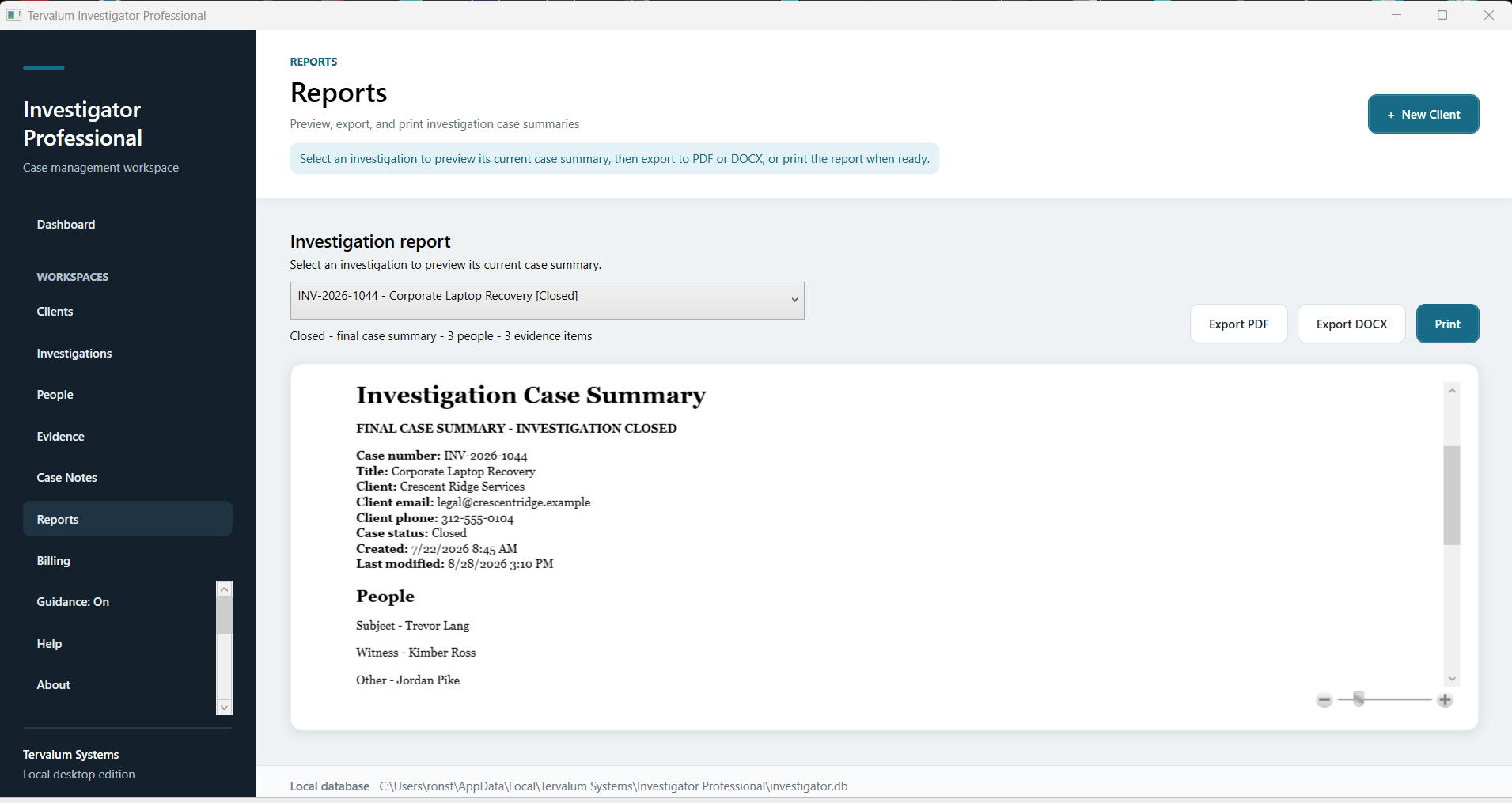 Investigator Professional report preview and export workspace