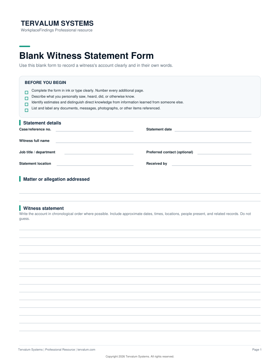 First page of the blank witness statement form