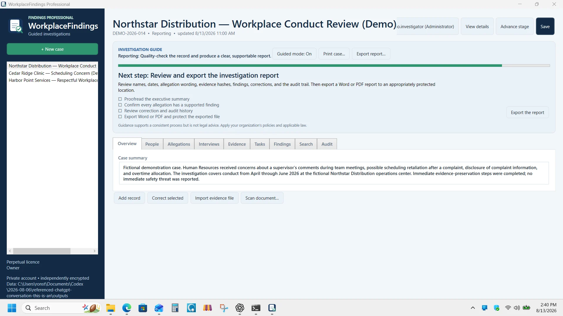 WorkplaceFindings guided case overview