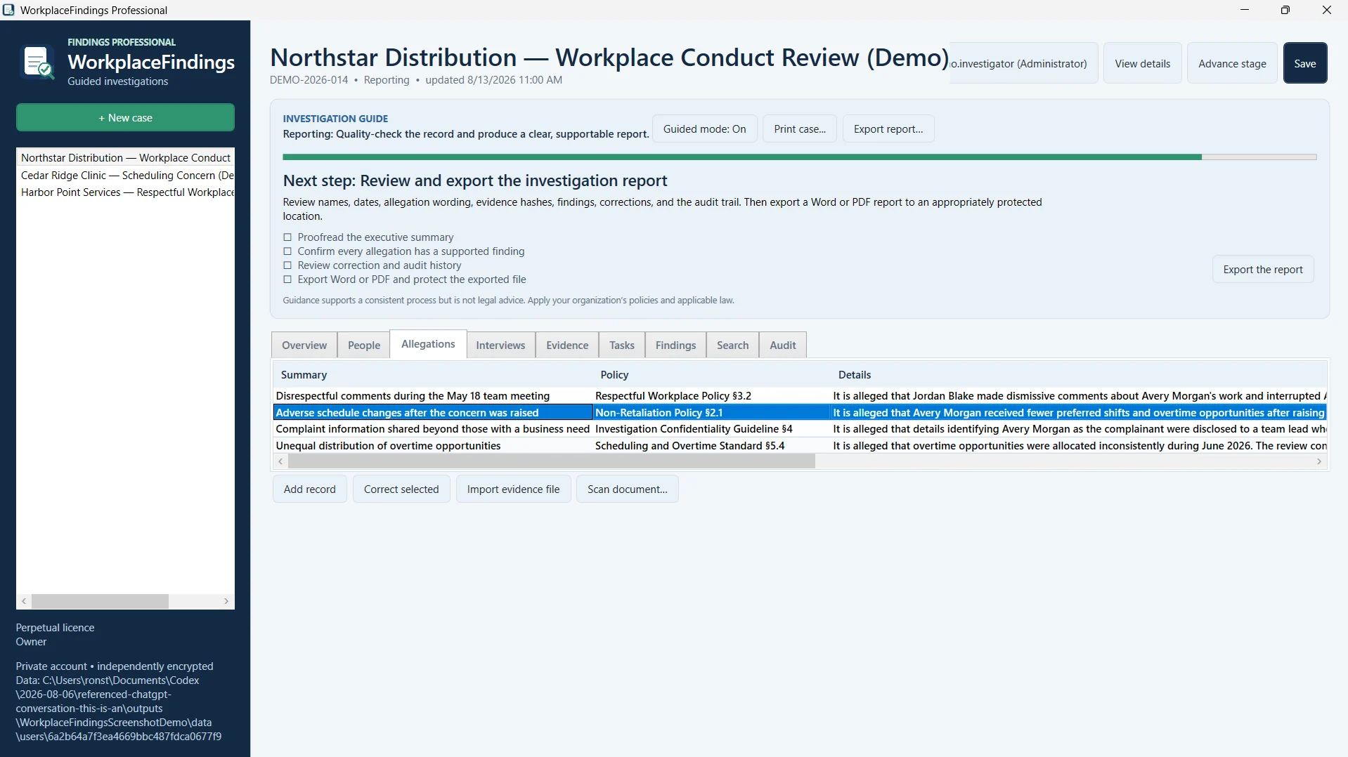 WorkplaceFindings allegations screen